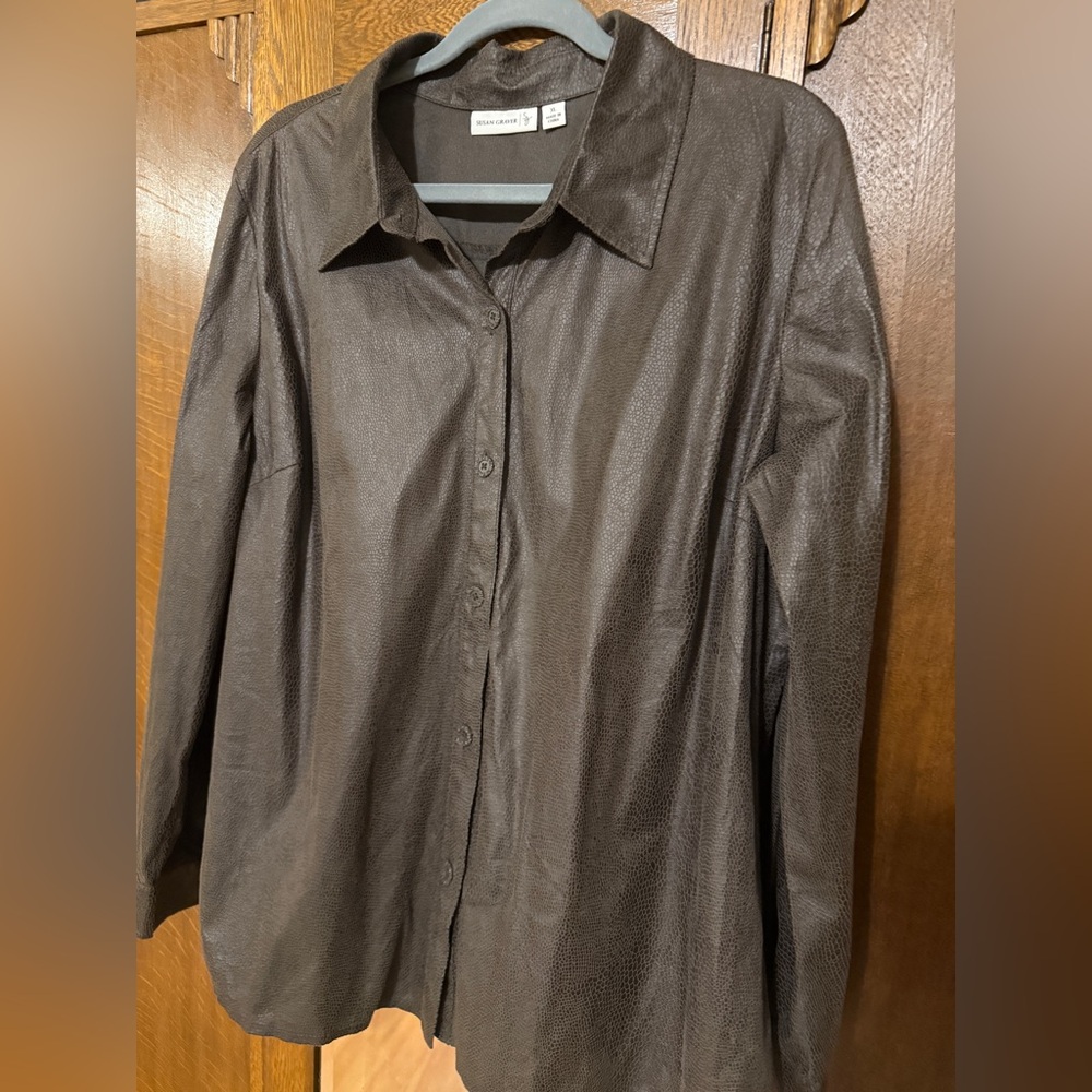 Susan Graver Brown Animal Print Button-Up Shirt, XL